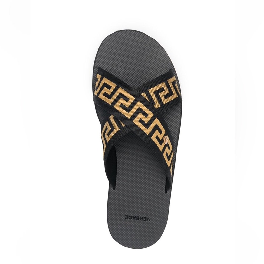Versace cross sandals. Black and Gold